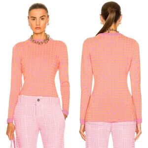 Brandon Maxwell Floral Gingham‎ Wool Crewneck Sweater Pink Orange Size Large